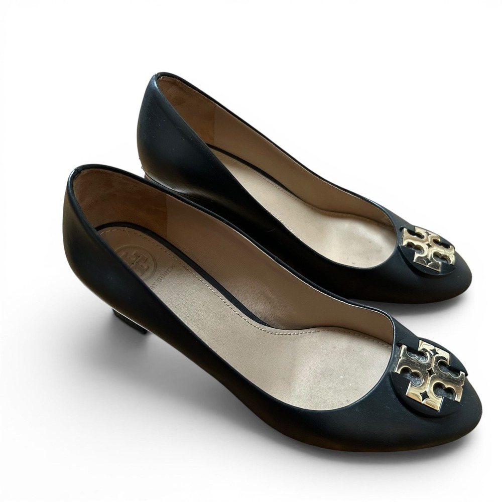 Tory Burch Black Classic Leather Wedge Heels Shoes SZ 7.5